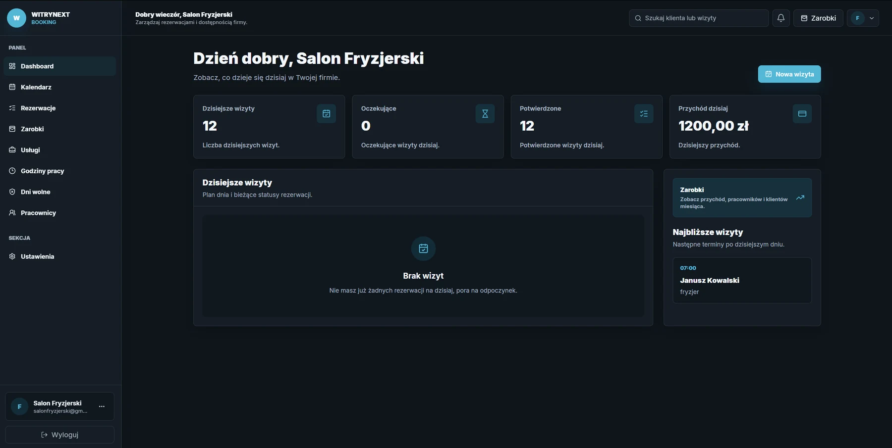 Panel WitryNext Booking: dashboard z dzisiejszymi wizytami, statystykami i najbliższymi rezerwacjami
